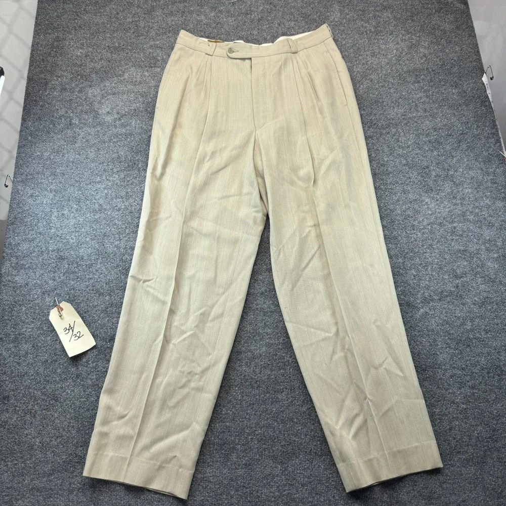 Vintage Riviera Design II Dress Pants Mens 34 Beige Wool Blend Pleated Luxury